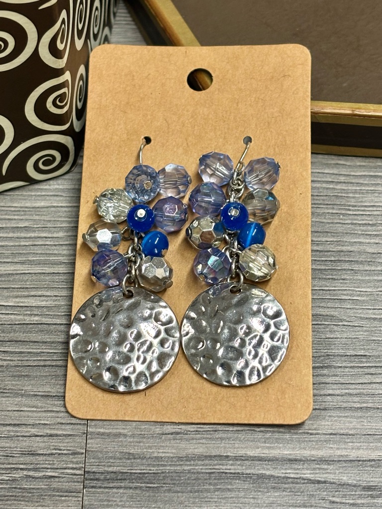 Hammered Silver Disc Dangle Earrings With Blue & Clear Beads
